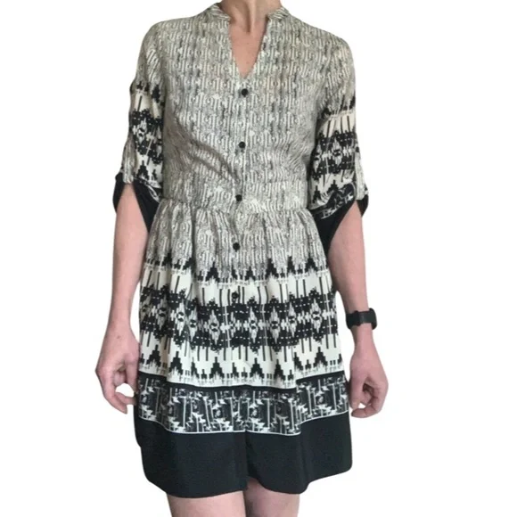 Charming Charlie Black Cream Button Down Midi Dress Size Small Wednesday Addams - Picture 7 of 16